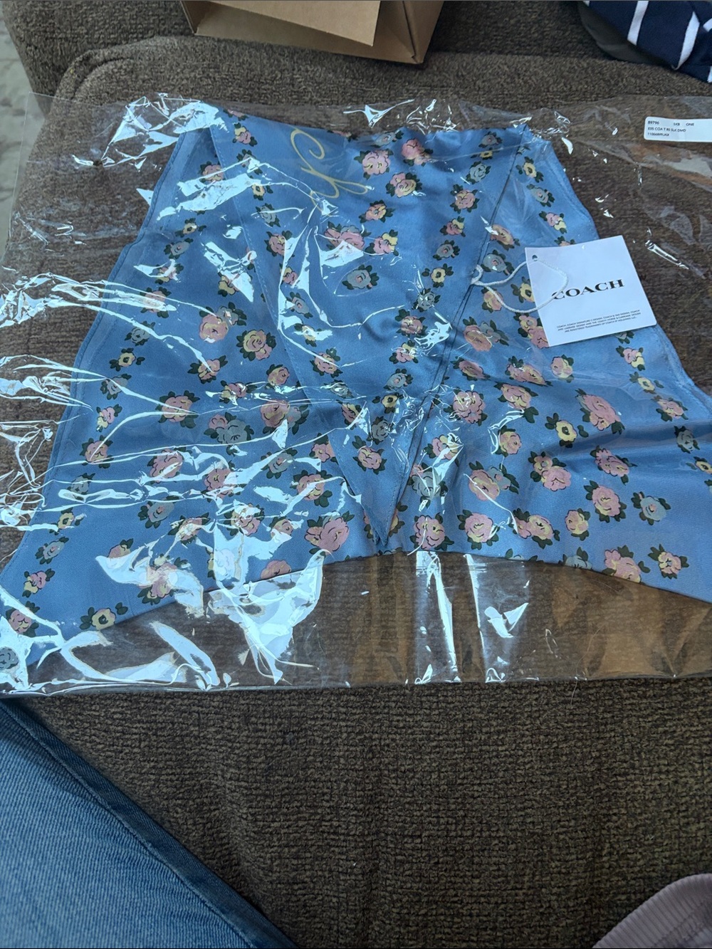 Coach Blue Floral Silk  Scarf with Pink and Green Print - Including Coach box